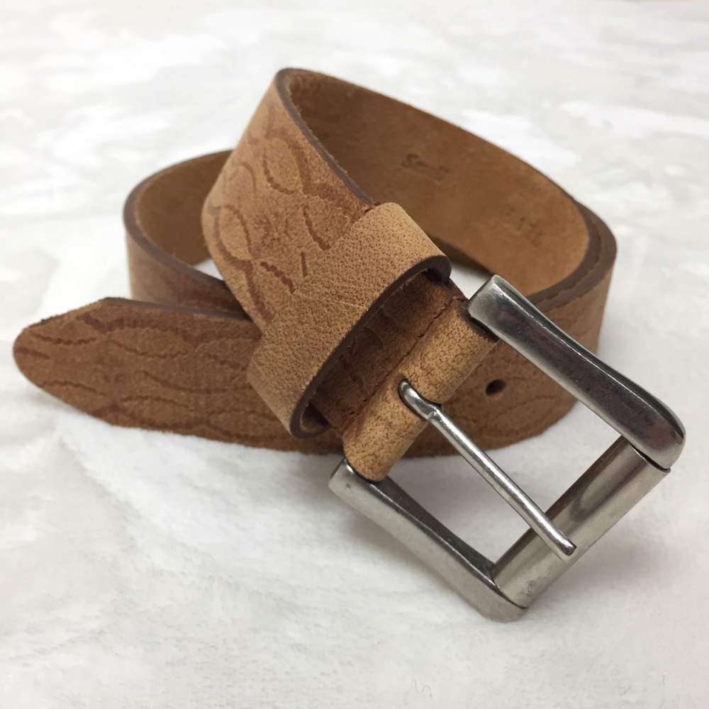Brazilian Leather Belt Tan Embossed Floral Small